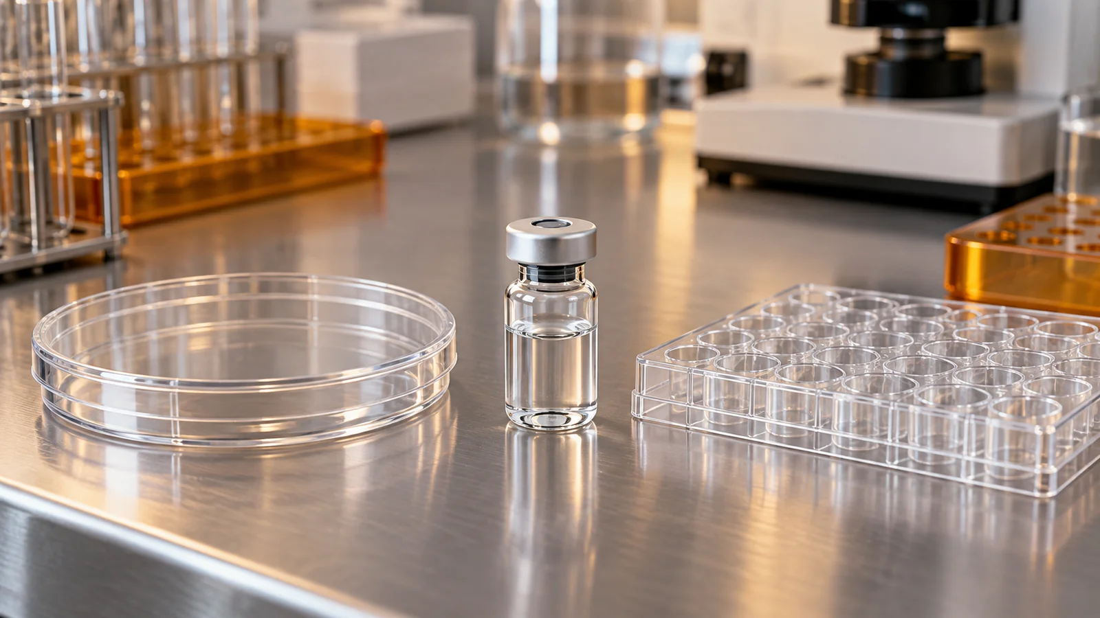 Sealed vial between a closed laboratory dish and a multiwell plate, illustrating distinct microbiological tests.