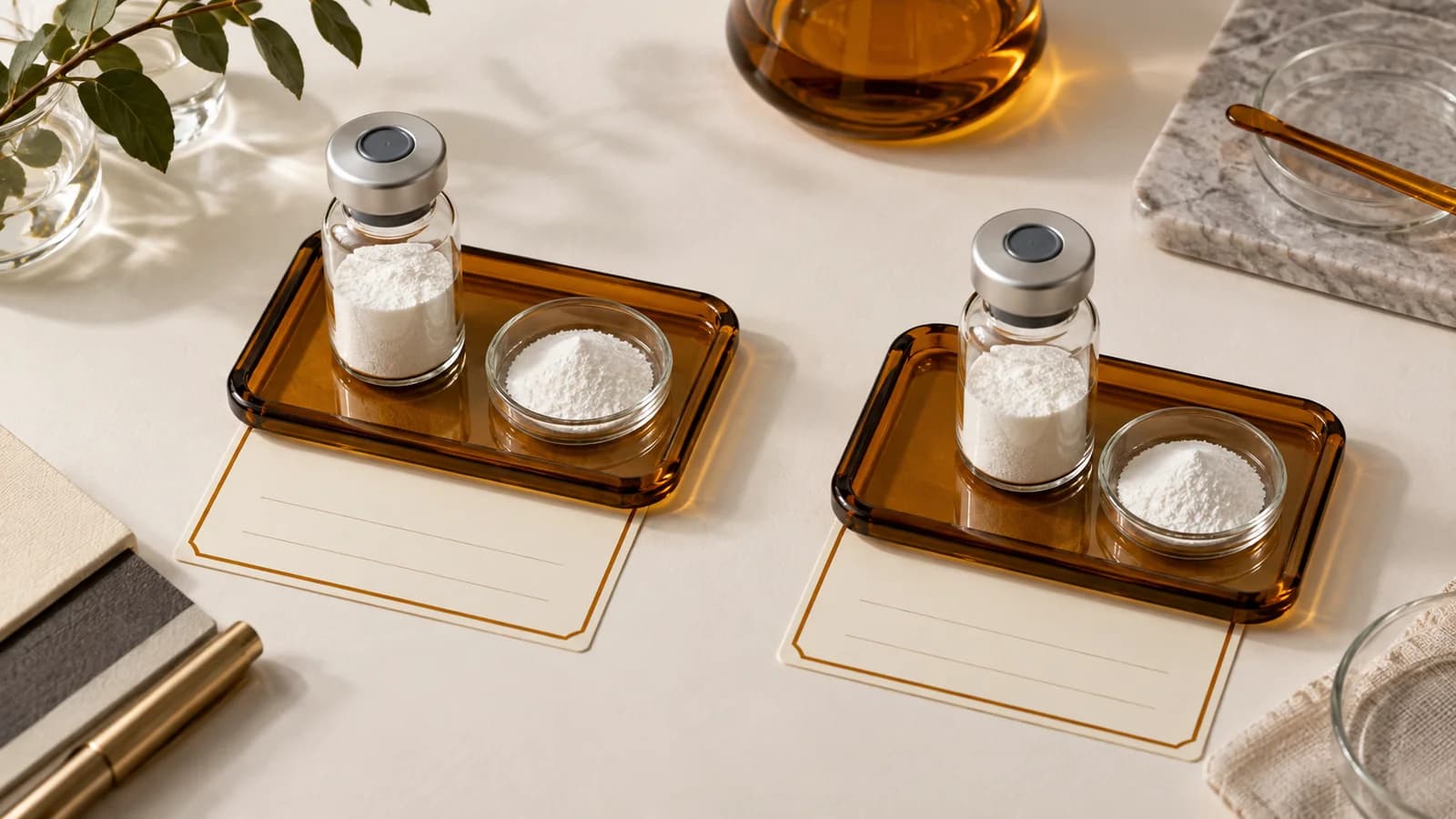 Two unlabelled powder vials on separate amber trays with blank specification cards, illustrating a salt-form comparison.