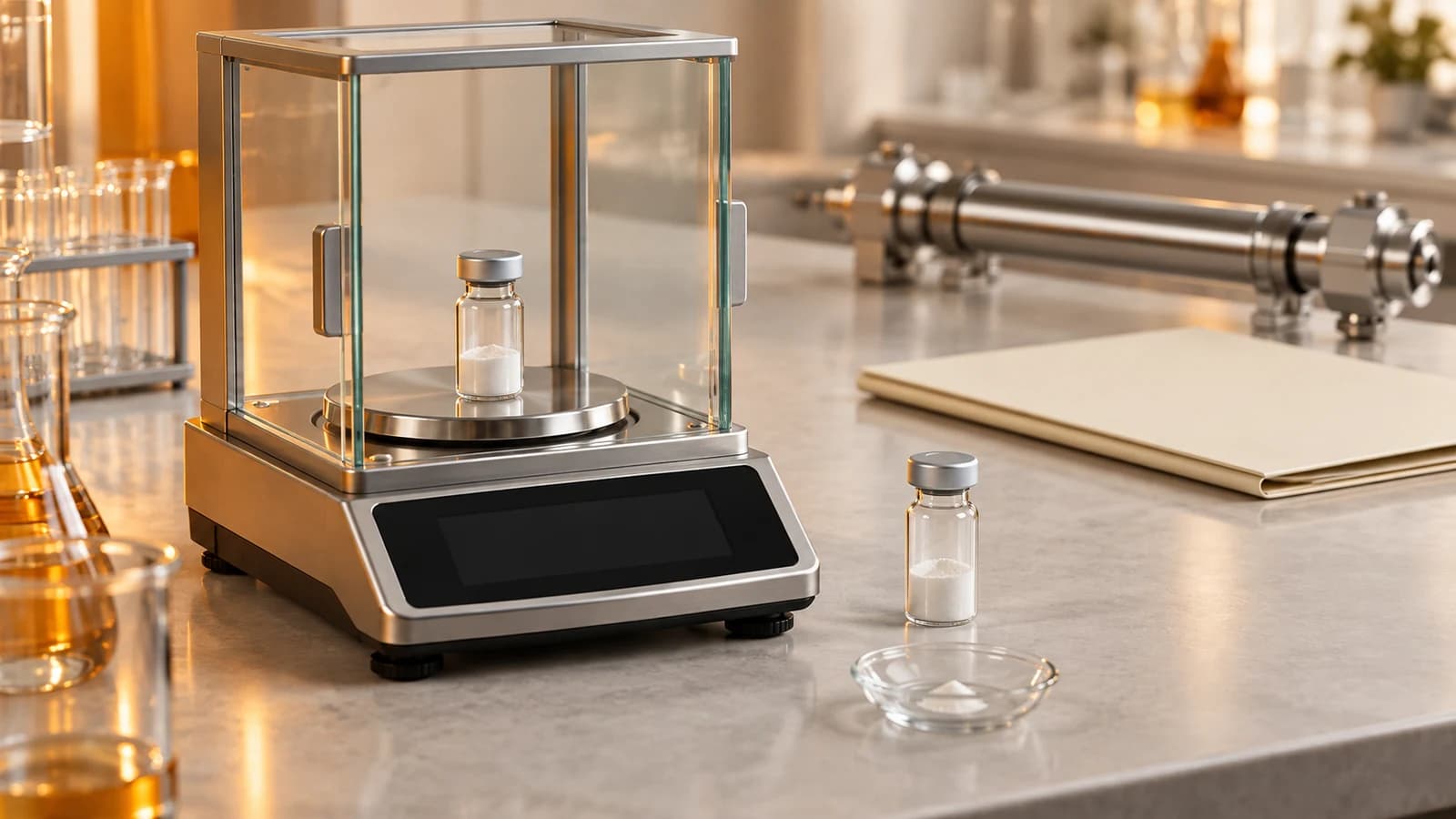 Unlabelled powder vials beside an analytical balance, a weighing dish and chromatography equipment.