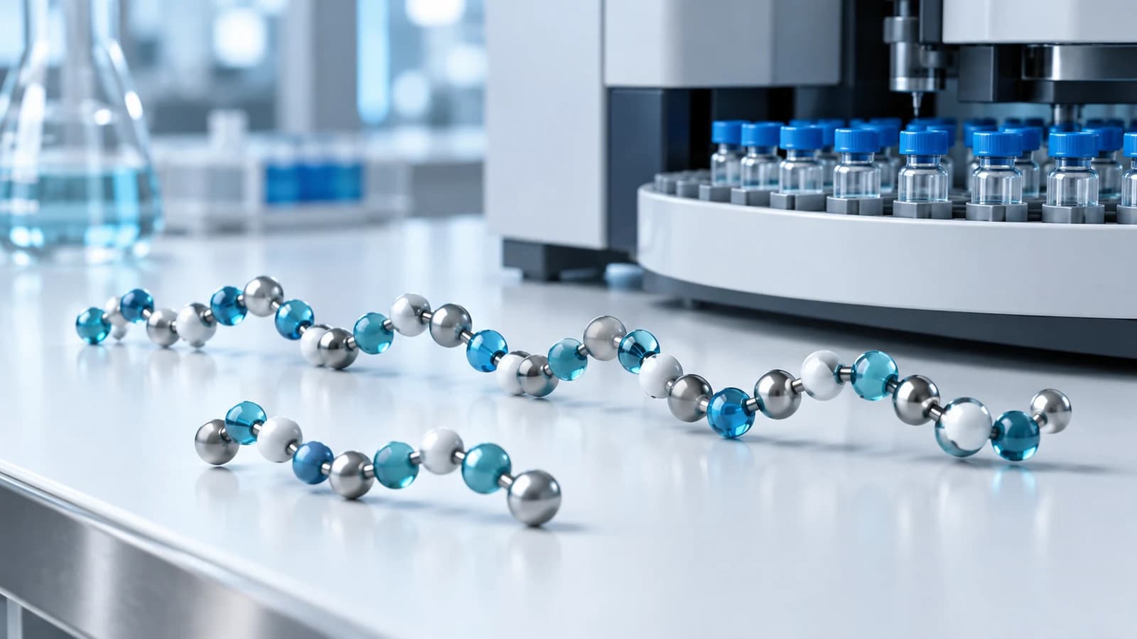 Long and short conceptual peptide-chain models beside an analytical autosampler illustrating identity differences