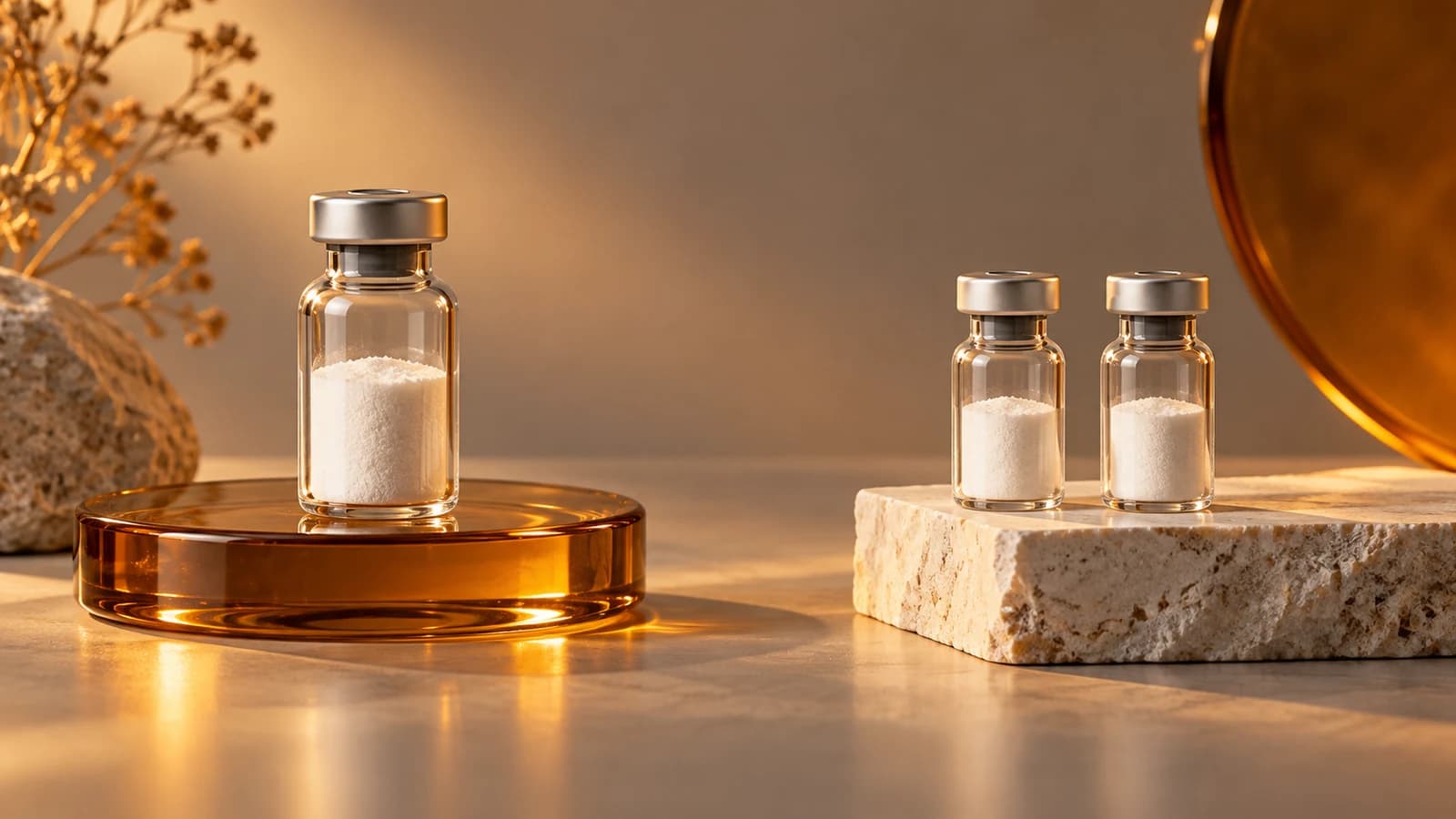One larger blend vial and two separate smaller vials on amber and stone platforms.